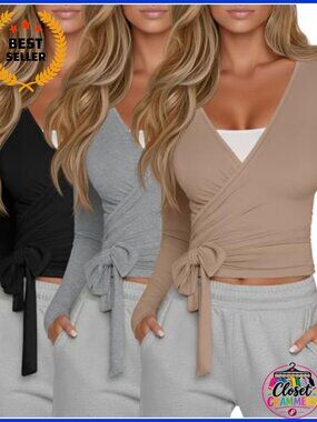 3 Pack Womens Pilates Wrap Tops Ballet Long Sleeve Cotton Blend Activewear